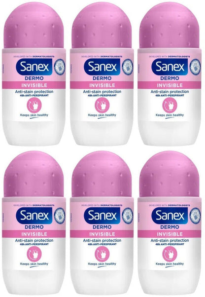 6 x Sanex Dermo Invisible Antiperspirant Deodorant Roll-On 50Ml