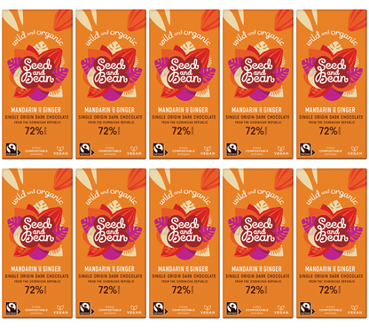 10 x Seed & Bean Dark 72% FT & Org Mandarin/Ginger Bar - 75g