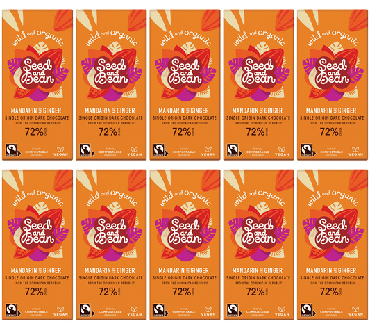 10 x Seed & Bean Dark 72% FT & Org Mandarin/Ginger Bar - 75g