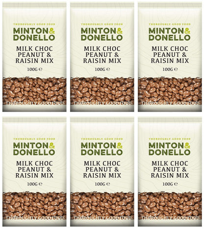 6 x Minton & Donello Milk Choc Peanut & Raisin Mix - 100g