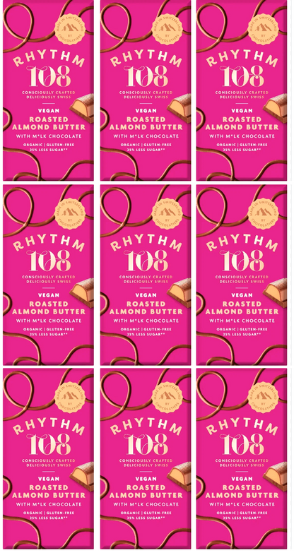 9 x Rhythm 108 Roasted Almond Butter Tablet M'lk Choc - 100g