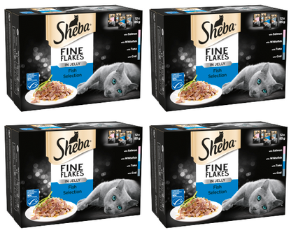 4 X Sheba Fine Flakes Cat Pouches Fish In Jelly 12Pk 12X85G