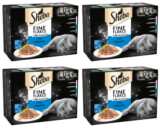 4 X Sheba Fine Flakes Cat Pouches Fish In Jelly 12Pk 12X85G