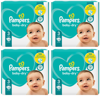 4 x Pampers Baby Dry Size 3 (Midi) 30 Pack