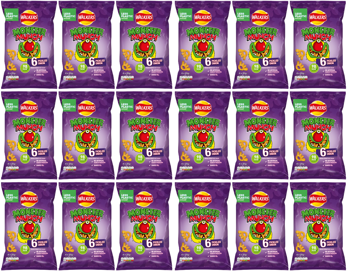 18 x Walkers Monster Munch Pickled Onion 6Pk 6X22Gm