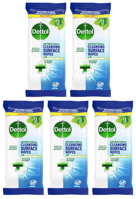 5 X Dettol Cleansing Surface Bio Wipes 72 Pack