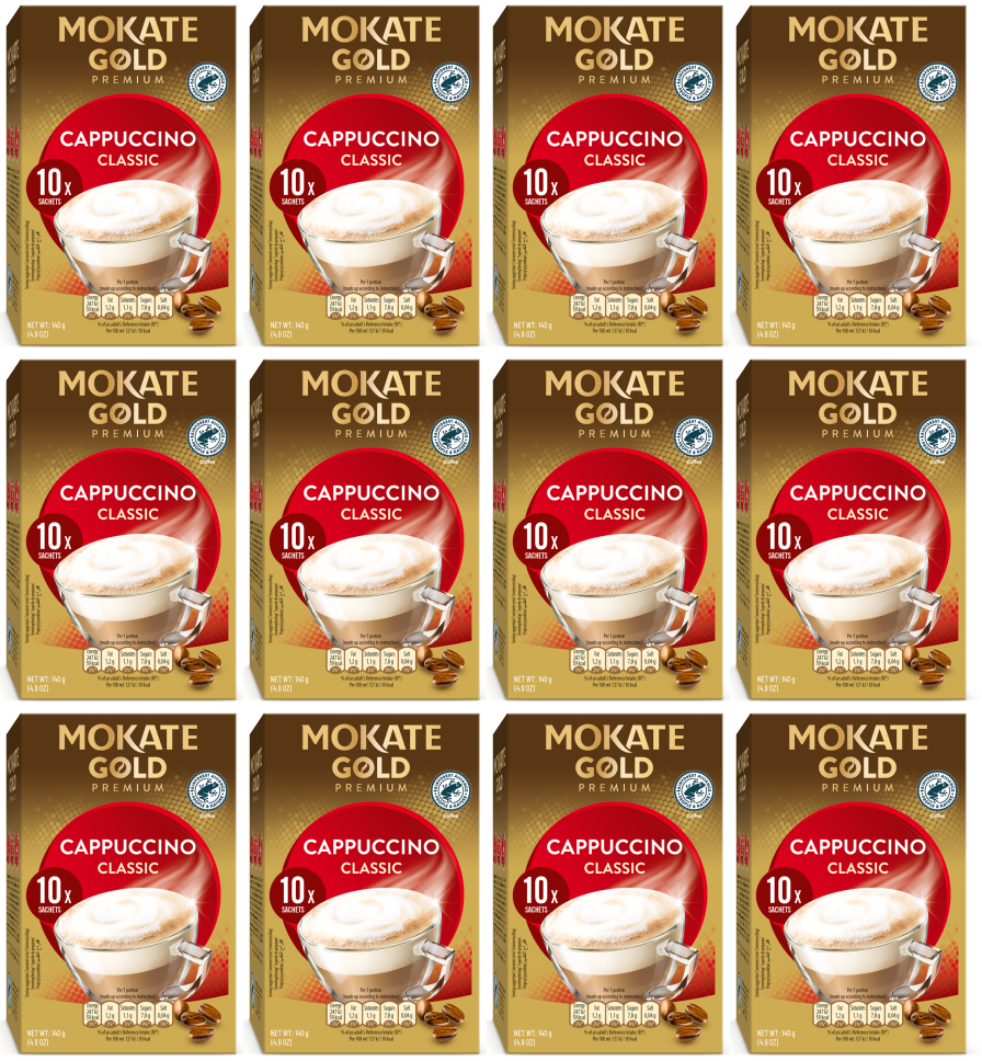 12 x Mokate Gold Prem Cappuccino Unswt 10 Sachets - 140GM