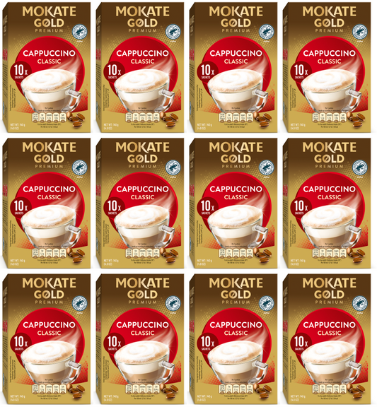 12 x Mokate Gold Prem Cappuccino Unswt 10 Sachets - 140GM