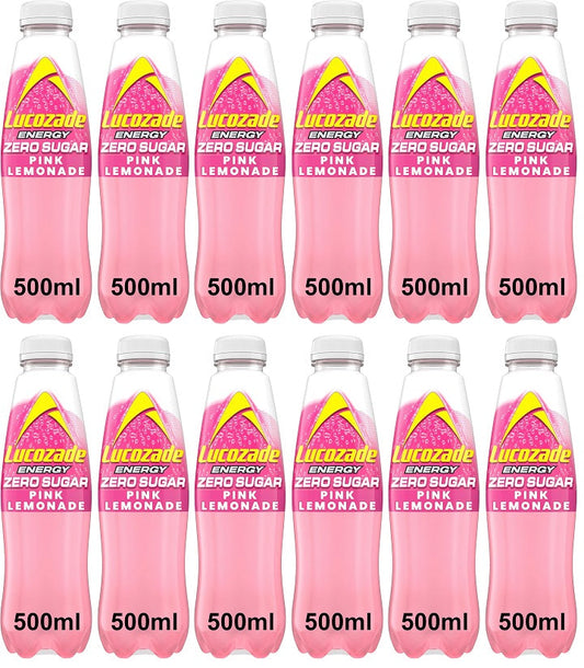 12 x Lucozade Energy Zero Sugar Drink Pink Lemonade 500Ml