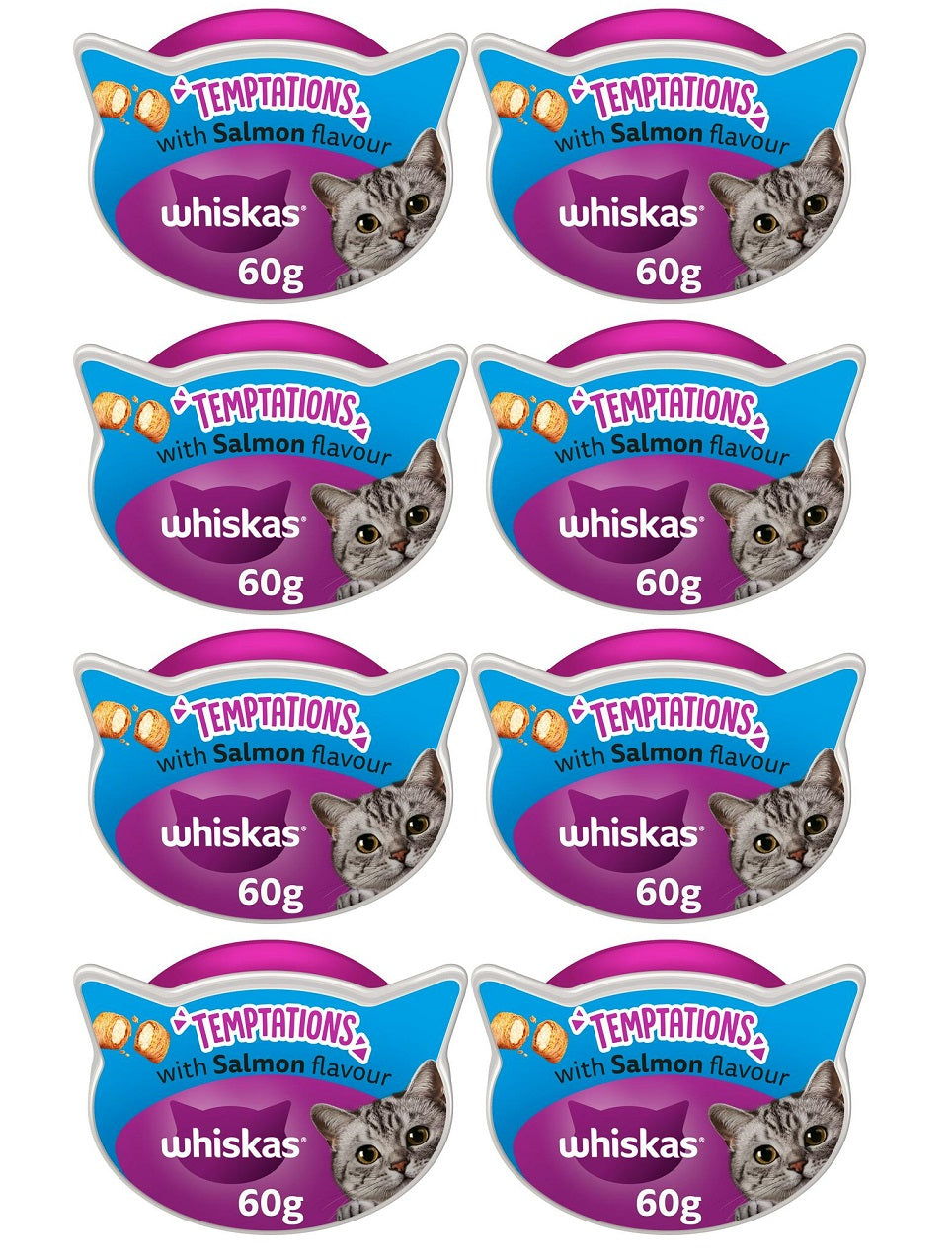8 x Whiskas Temptations Adult Cat Treats With Salmon Flavour 60G