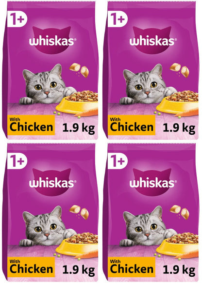 4 x Whiskas 1+ Chicken Adult Dry Cat Food 1.9Kg