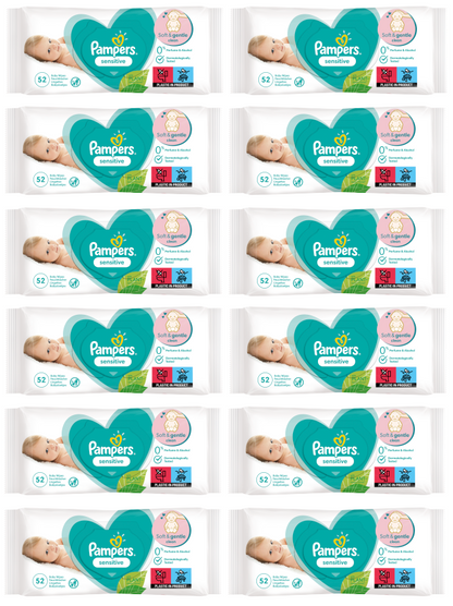 12 x Pampers Sensitive Wipes 52 Pack