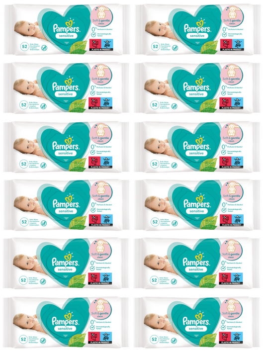 12 x Pampers Sensitive Wipes 52 Pack