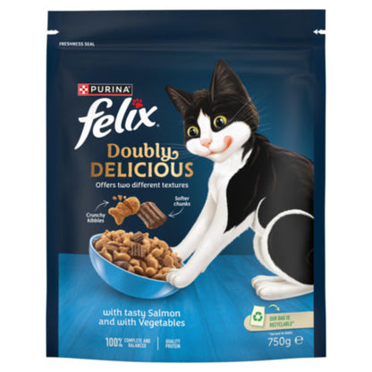 4 x Felix Doubly Delicious Salmon & Veg Dry Cat Food 750G