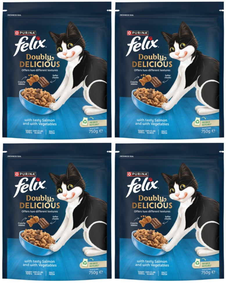 4 x Felix Doubly Delicious Salmon & Veg Dry Cat Food 750G