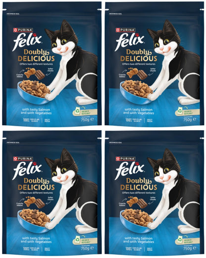 4 x Felix Doubly Delicious Salmon & Veg Dry Cat Food 750G