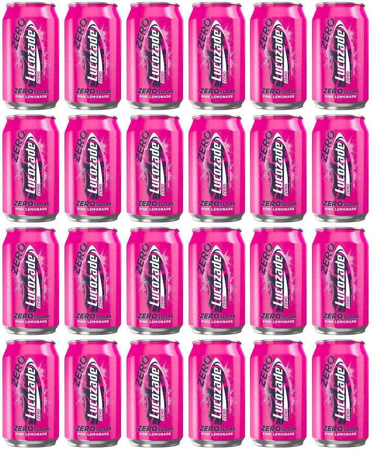 24 x Lucozade Energy Zero Sugar Drink Pink Lemonade 330Ml