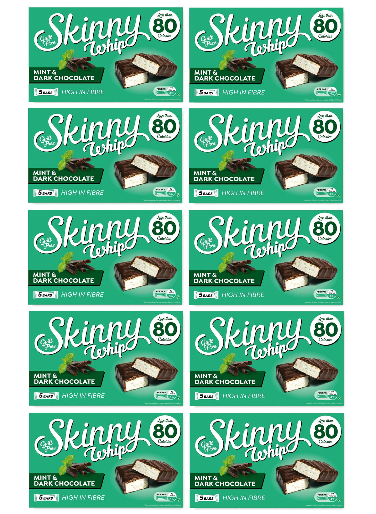 10 x Skinny Whip Mint & Dark Choc Snack Bars 5 Pk 5X25Gm